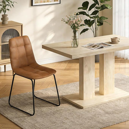 Modern 5-Piece Dining Table Set for 4, 46" Pedestal Dining Room Table with 4 Leather Chairs, Small Space Saving Kitchen Table Set, Natural Wood Finish Rectangle Table for Home & Apartment
