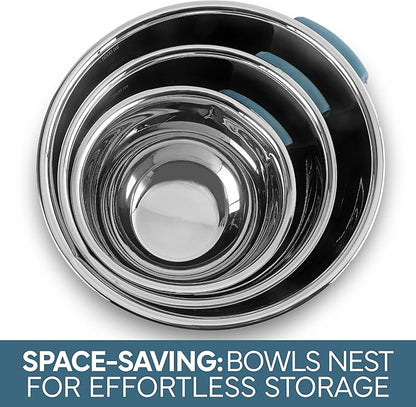 COOK WITH COLOR Stainless Steel Mixing Bowls Set and Measuring Cups- Nesting Bowls with Non-Slip Bottom and Easy-Grip Handles, Blue, 11 Pieces