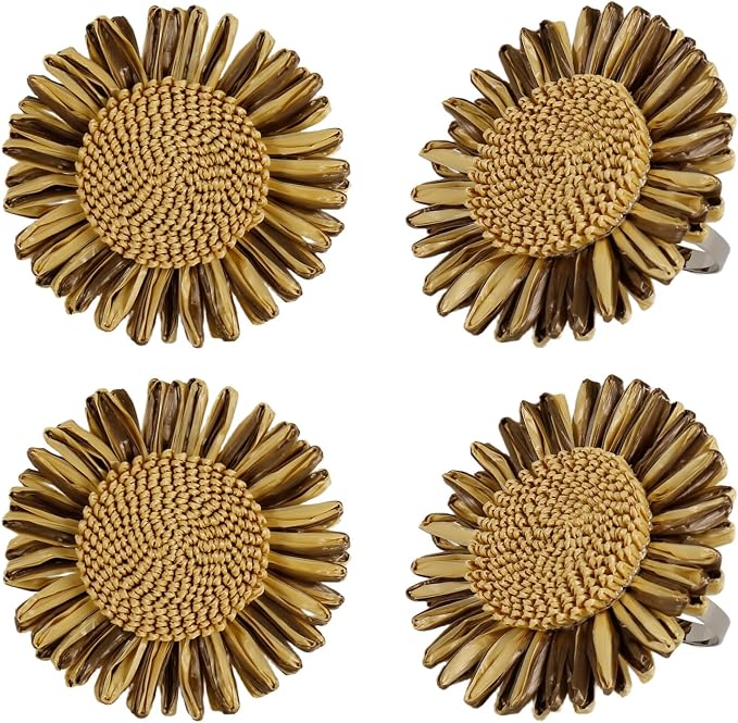 Raffia Sunflower Napkin Rings Set of 4, Braided Daisy Floral Napkin Ring Holders by wonlex