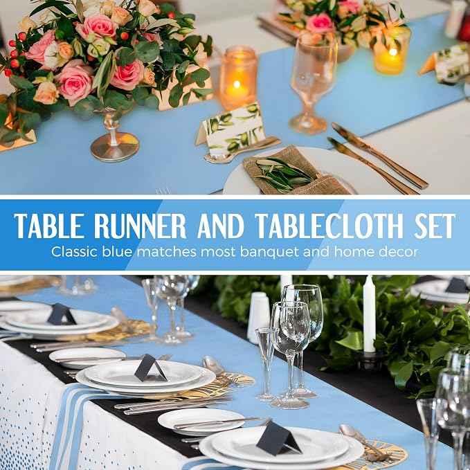 24 Packs Baby Blue and White Disposable Plastic Tablecloths and Satin Table - Image 5