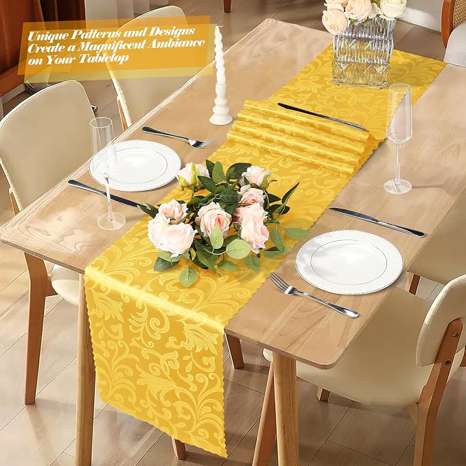 MILVOWOC Gold Satin Table Runner, 4 Pack, 12 x 72 Inch | Jacquard Damask - Image 2