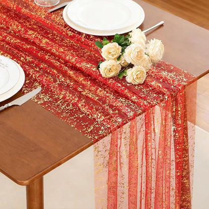 SiinvdaBZX 4 Pcs Red Gold Sheer Tulle Table Runner 120 Inch/10 Ft Long | Gauze by SiinvdaBZX