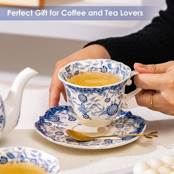 French style blue and white retro teacup and saucer set, 6.8 oz teacup and - Image 2