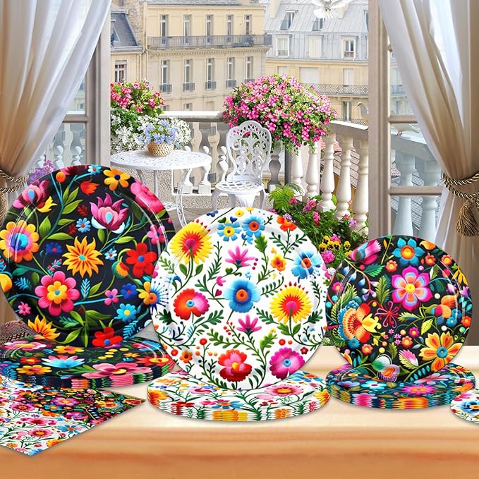 Cinco De Mayo Decorations-60Pcs Colorful Flower Fiesta Plates and Napkins - Image 3