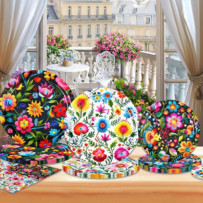 Cinco De Mayo Decorations-60Pcs Colorful Flower Fiesta Plates and Napkins - Image 3