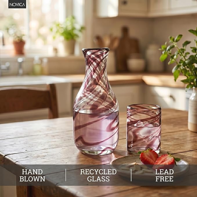 NOVICA Artisan Handblown Recycled Glass Carafe Brown Cup Clear Mexico Tableware - Image 4