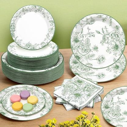 Sage Green Floral Plates and Napkins Party Supplies, Serve 60 Guests | 180pcs - Image 5