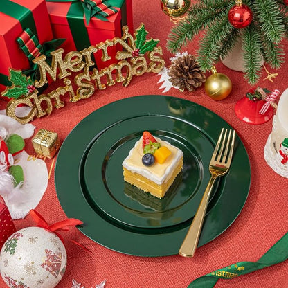FLOWERCAT 200PCS Dark Green Plastic Plates Disposable Plates for Party - Heavy Duty Plastic Plates - 10" &7" Plate for 100 Guests New Year Parties and Events