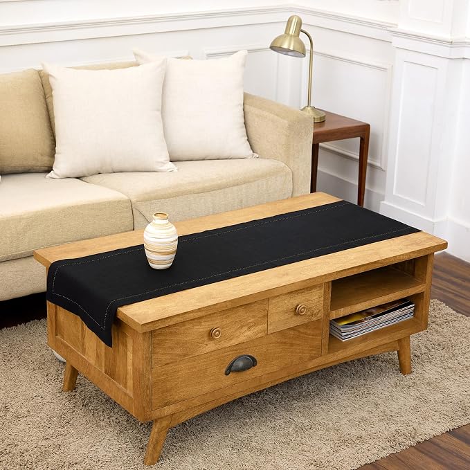 Solino Home 100% Pure Linen Dining Table Runner Black Hemstitch, 14 x 48 in | by SolinoHome