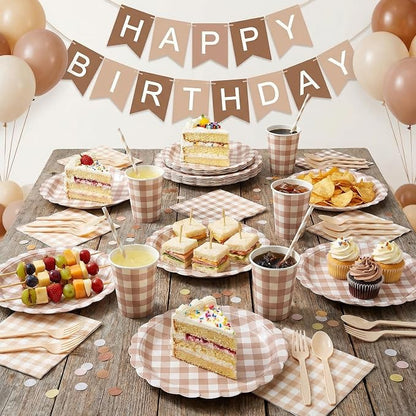 Yaomiao 168 Pcs Gingham Plates and Napkins Beige Plaid Disposable Dinnerware - Image 5