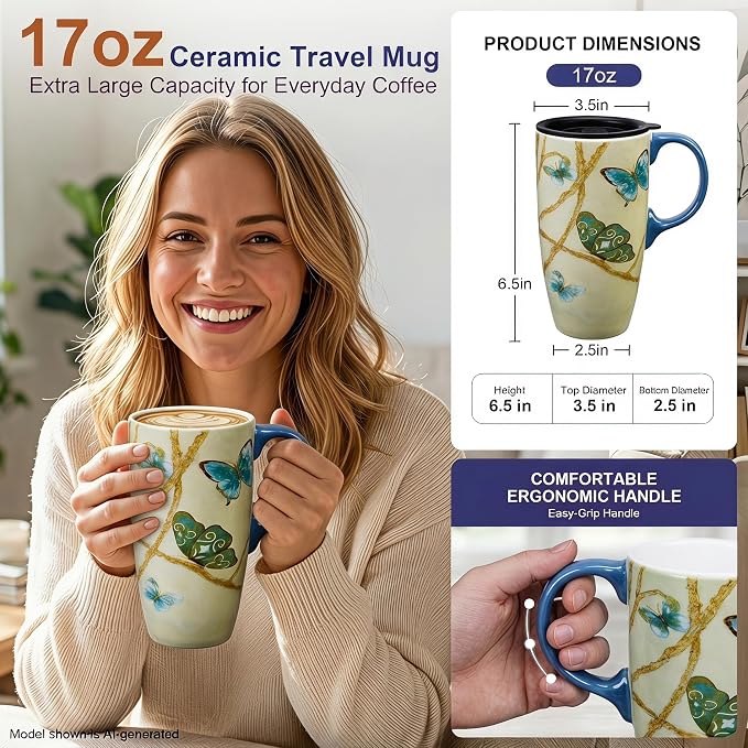 Topadorn 17oz Blue Butterfly Ceramic Coffee Mug - Image 2
