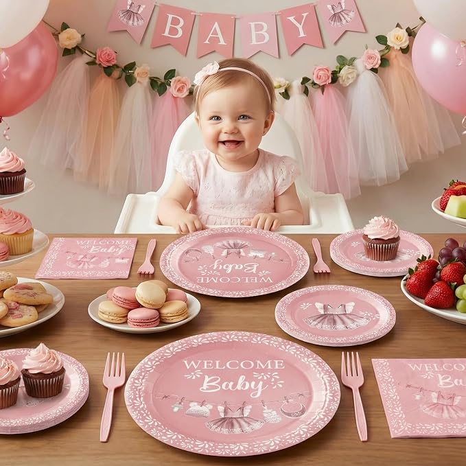 96Pcs Pink Platos De Barro Mexicanos Baby Shower Party Plates Supplies Welcome - Image 6