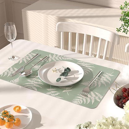QIYI Placemats Set of 6, 12x18 Inch Faux Leather Place Mats for Kitchen Dinning, Heat Resistant Anti Slip Green White Table Mats, Waterproof Wipeable Washable Placemat Party Table Décor, Fern Leaves