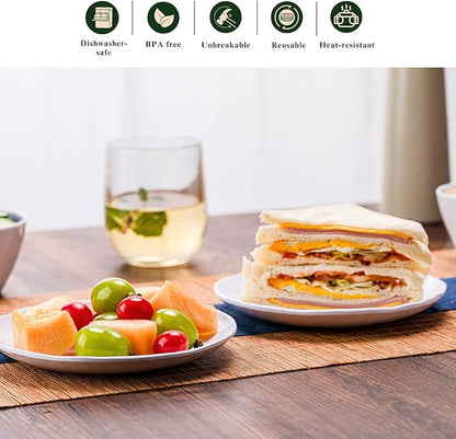 6.7-Inch Melamine Dessert Plates (Set of 6) - Unbreakable and Reusable Dinnerware with Ceramic Feel, Stackable and Dishwasher-Safe (White)
