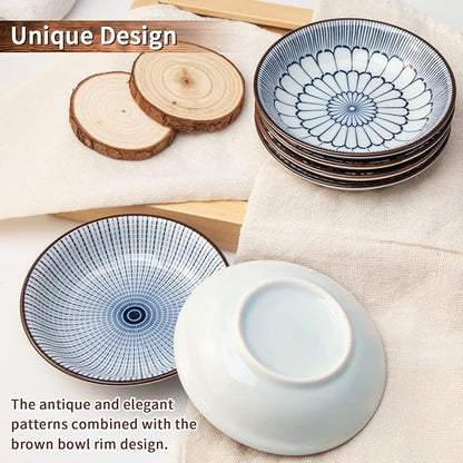 Dipping Bowls, Soy Sauce Dish Ceramic, 3 OZ Small Serving Bowls for Side Dishes Vintage Blue Stylish Design, Set of 6 Mini Appetizer Plates for Condiment Sushi Ketchup BBQ Party, 4 Inch