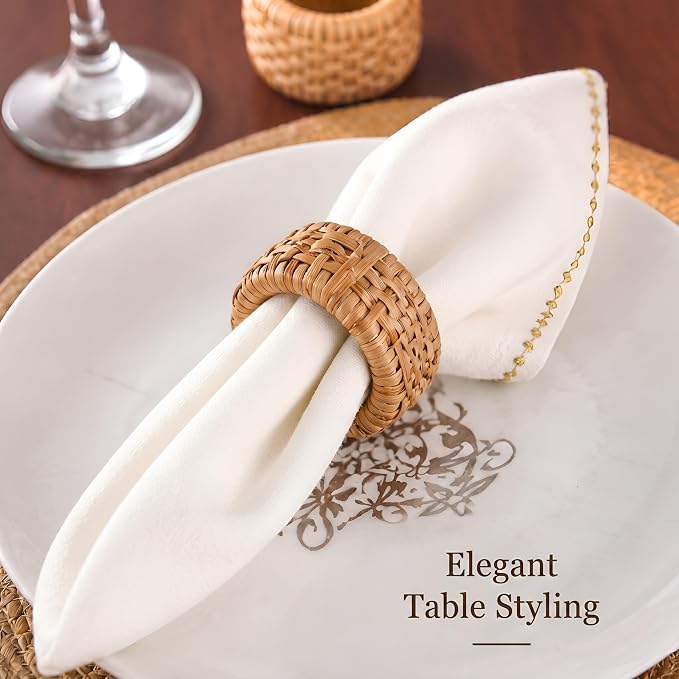 Woven Cane Napkin Rings for Table Settings, Textured Cane Napkin Holder Set of 8 - Image 5
