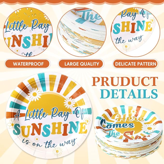 Gerrii 60 Pcs Here Comes the Son Baby Shower Party Plates Boho7 Inch Sun - Image 3