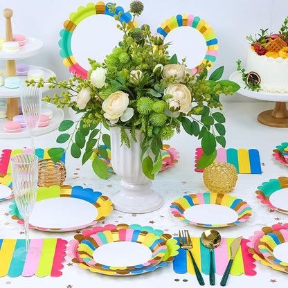 Birthday Party Supplies Disposable 9" Dinner Plates 7" Dessert Plates 6.5" Luncheon Napkins for Birthday Garden Party Afternoon Teas Baby Shower Wedding, Scalloped Edge, Serve 24
