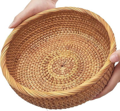 Rattan 9.2" Medium Round Bread Basket for Fruit, Natural Wicker Fruit Basket for Kitchen Counter, Hand Woven Wicker Food Baskets, Bread Baskets for Serving, Gift Basket for Gifts, Vegetable,Snack,Etc.