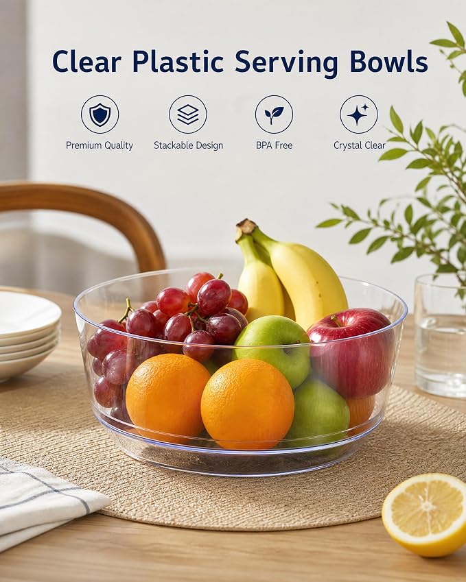 8 Pack Clear Serving Bowls for Buffet | 128oz Heavy Duty Disposable Plastic - Image 6