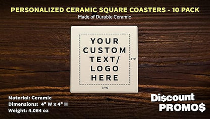 10 4" Square Ceramic Coasters Set - Customizable Text, Logo - Cork Bottom, Serve Ware - Natural