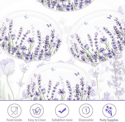 50 Pcs Lavender Oval Paper Plates Large 10" x 12" Spring Purple Lavender Floral Plates Disposable Heavy Duty Butterfly Flower Plates for Wedding Purple Baby Shower Lavender Birthday Party Decorations