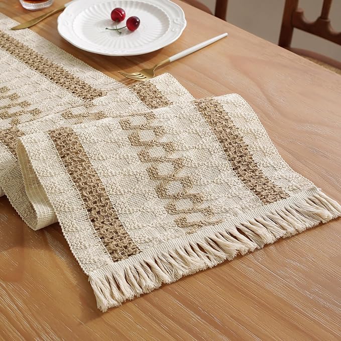 Boho Table Runner with Tassels 12 x 120 Inches Long, Cream & Brown Rustic by Niviy