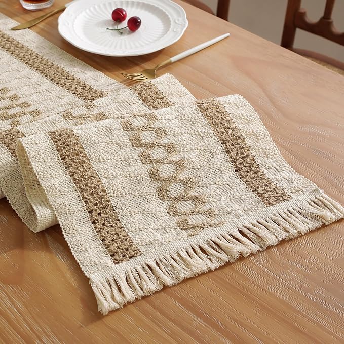 Boho Summer Table Runner with Tassels 12 x 72 Inches Long, Cream & Brown Rustic by Niviy