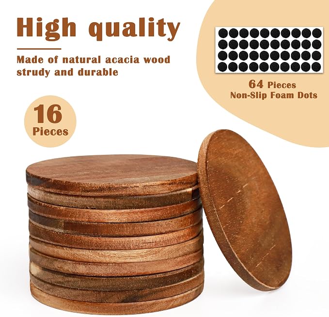 16 Pieces Unfinished Wood Coasters, 4 Inch Round Acacia Wooden Coasters - Image 2