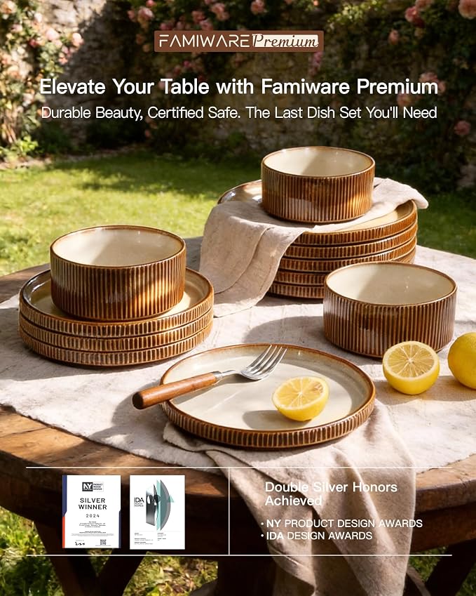 Dinnerware Set for 6, Ceramic Ribbed Plates, Dishes | 18-Piece Stoneware Dinner - Image 8