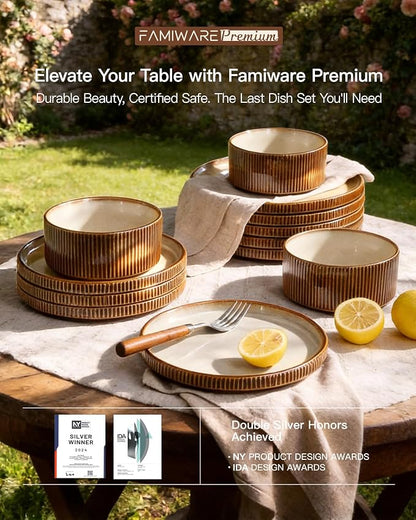 Stoneware Dinnerware Set for 4, Cream Brown Reactive Glaze | 12 pcs Ceramic - Image 8