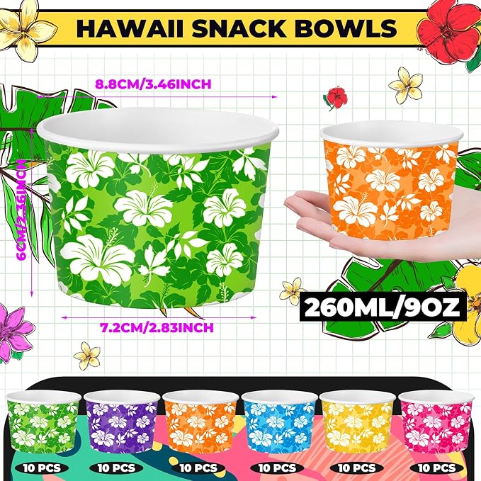 CHENGU 60 Pcs 9 oz Hawaiian Hibiscus Flower Paper Snack Cups, Disposable Floral - Image 2