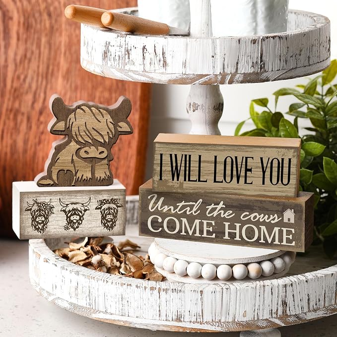 Moucuny 4 Pcs Highland Cow Table Decorations Rustic Western Tiered Tray Decor - Image 4