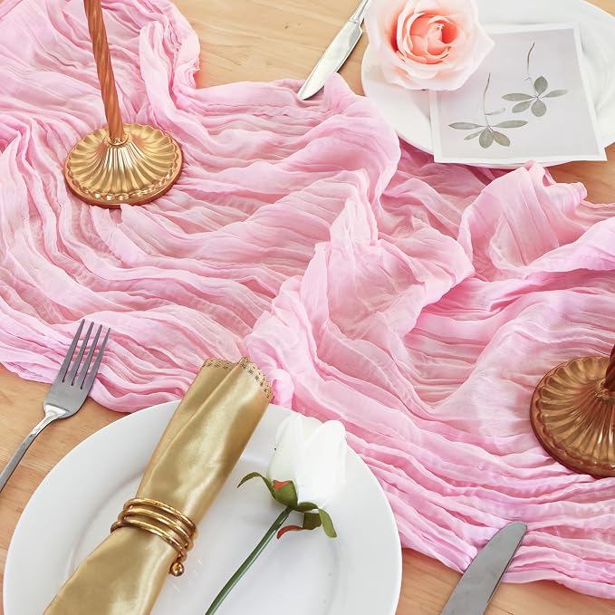3 Pack Candy Pink Cheesecloth Table Runner 120 Inch Boho Wedding Decor | - Image 5