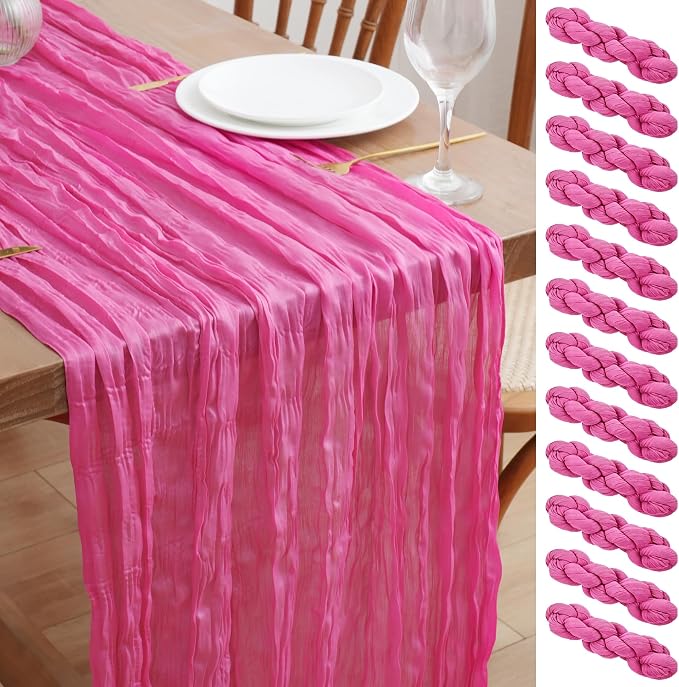 Asee'm 12pcs Hot Pink Cheesecloth Table Runner Summer 10FT Fuchsia Gauze | Boho by Aseem