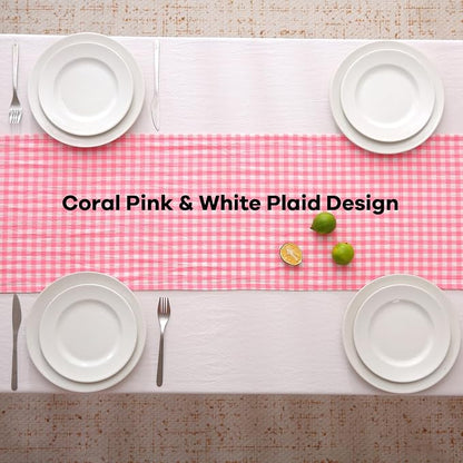 Coral Pink White Plaid Gingham Ruffle Table Runner 108 inches Long 100% Washed - Image 4