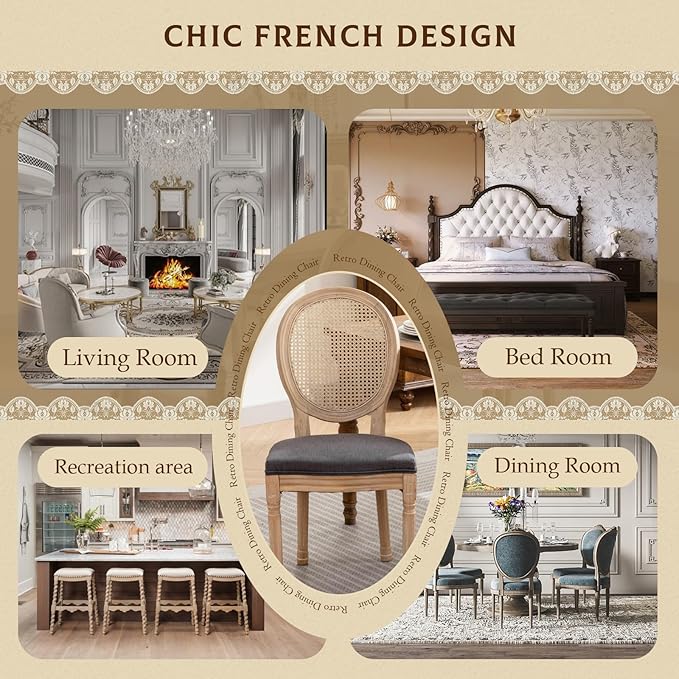 SoarFlash French Dining Chairs Set of 2, Vantage Dining Chair with Round Back, Wood Leg Farmhouse Country Rattan Dining Chair for Kitchen,Bedroom,Deep Grey