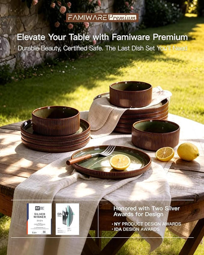 Ceramic Plates & Bowls Sets for 6, Handmade Reactive Glaze | Green Brown - Image 8