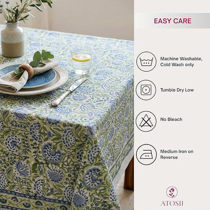 ATOSII Amara 100% Cotton Fall Tablecloth, Handblock Floral Print Rectangle Linen for Kitchen Dining I Parties Wedding Outdoors Picnics Easter I Spring Summer 72 X 120 Inches I 10 Seater Table
