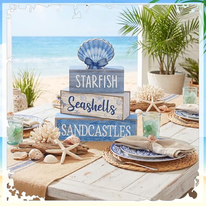 Moucuny 4 Pcs Nautical Beach Decor Shell Tiered Tray Decoration Blue Bow Table - Image 6