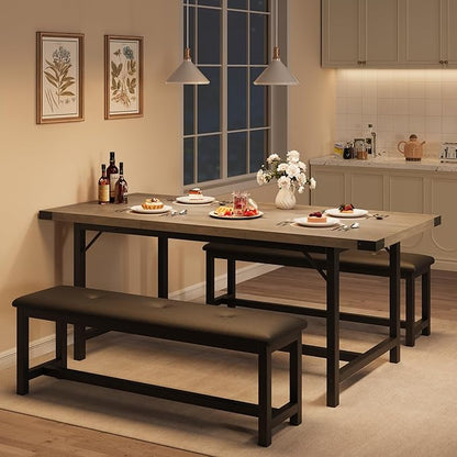 IDEALHOUSE 3-Piece Dining Table Set for 4-6 People, 63" Large Extendable Kitchen Table Set w 2 Soft Benches, Easy Assembly, Space Saving for Apartment, Small Space, Gray
