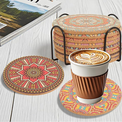 Cork Coasters Set of 8 with Holder, Colorful Cup Coasters - Image 7