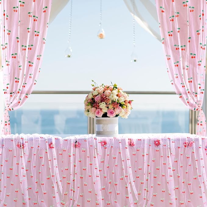 4 Pcs Cherry Table Runner 29 x 70 inch Pink Glitter Tulle Lace Cloth Rectangle - Image 5