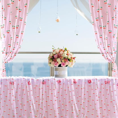 4 Pcs Cherry Table Runner 29 x 70 inch Pink Glitter Tulle Lace Cloth Rectangle - Image 5