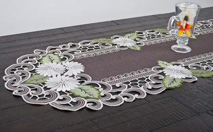 LINENS ART AND THINGS Table Runner Embroidered Pearlescent Daisy Flowers - Image 3