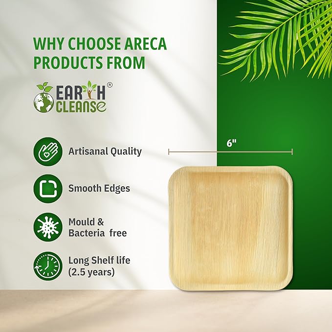 Compostable Palm Leaf Plates 6 Inch Square (100 Pack) | Disposable Biodegradable Plates Like Bamboo & Wooden | Microwave & Oven Safe | Eco-Friendly