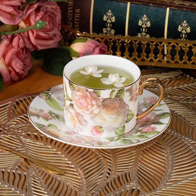 KAMMAK Tea Cups and Saucers Set of 2, Porcelain Coffee Cups, JBE027 | Stackable - Image 3