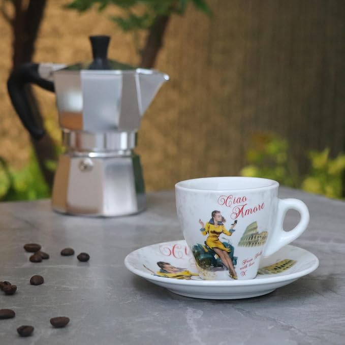 Lorren Home Porcelain Espresso Cups and Saucers, Vespa Scene Design, 3 Oz - Image 3