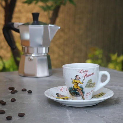 Lorren Home Porcelain Espresso Cups and Saucers, Vespa Scene Design, 3 Oz - Image 3