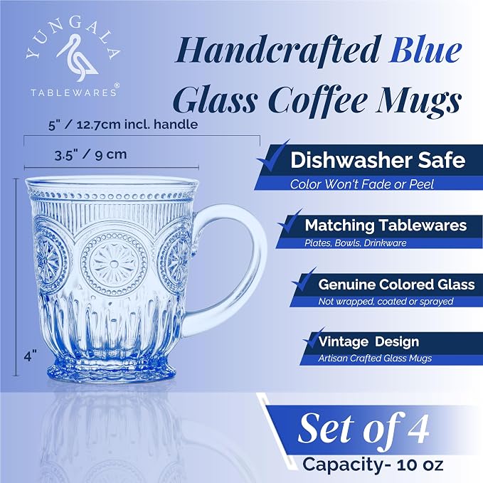 Blue Glass Mugs Set of 4, 10oz Coffee Cups or Vintage Tea Cups, Aesthetic Blue - Image 2